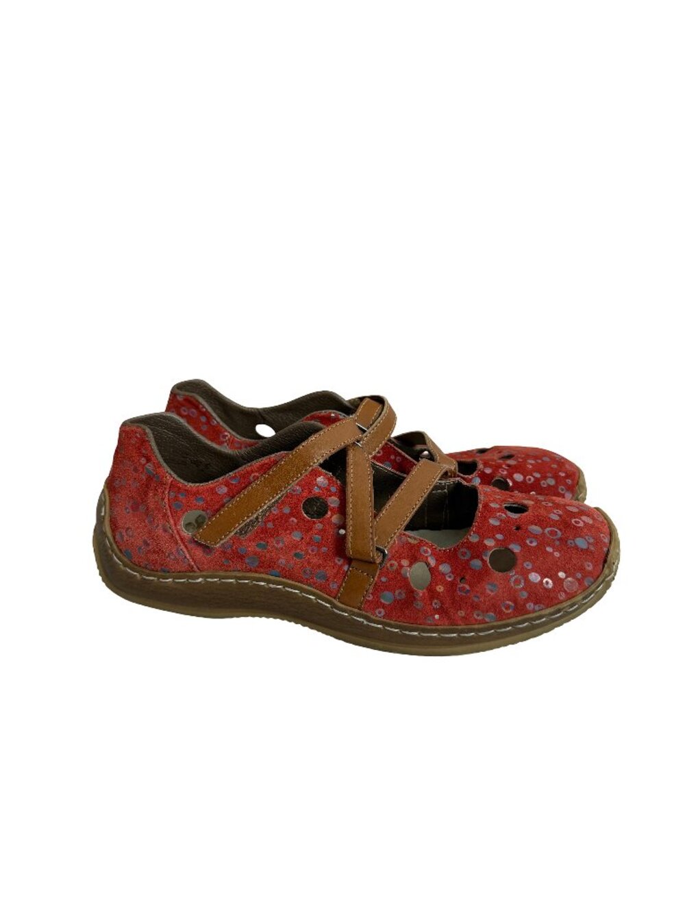 Rieker Red Polka Dot Suede Mary Jane Flats Crisscross Strap Ankle Size 7 Women's